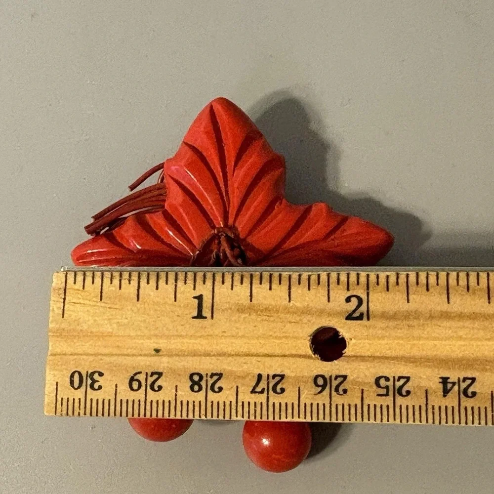 1930s - 40s Cherry Red Bakelite Brooch Carved Leaf Dangling Cherries Huge!